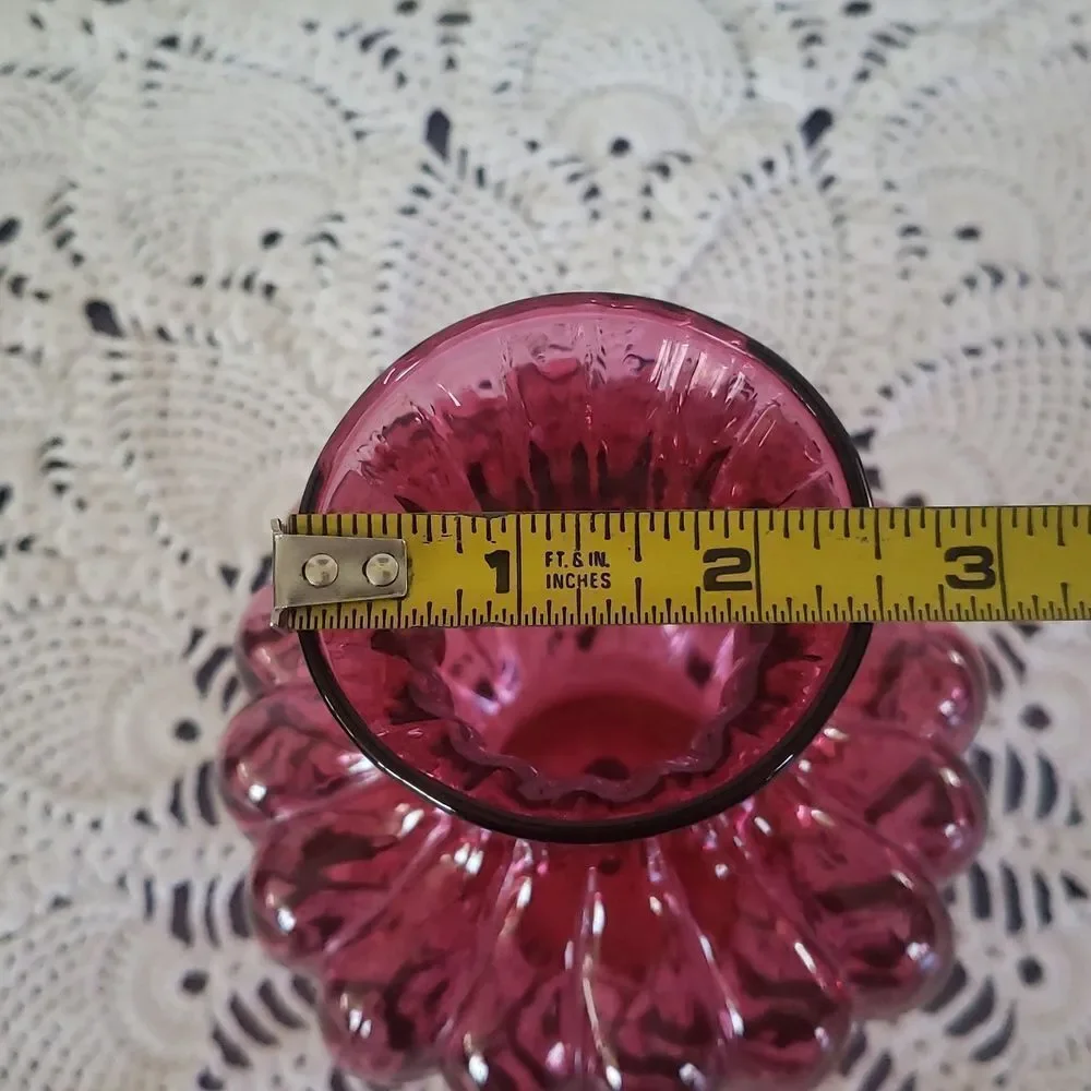 Vintage 1960s Pilgrim Cranberry Glass Optic Swirl Ribbed Vase 6